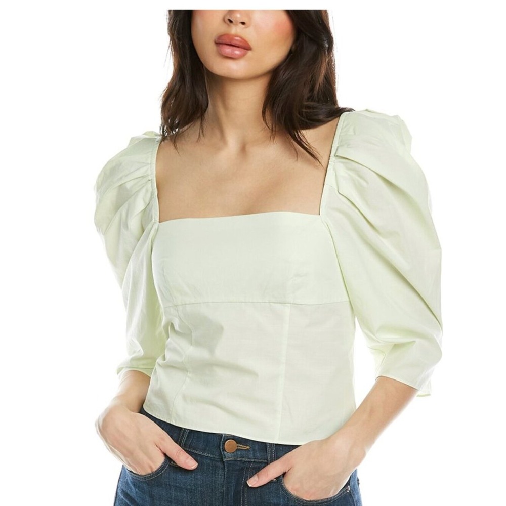 Vince Draped Square Neck Top Size 4 Honeydew Green Puff Sleeve 100% Cotton NWT